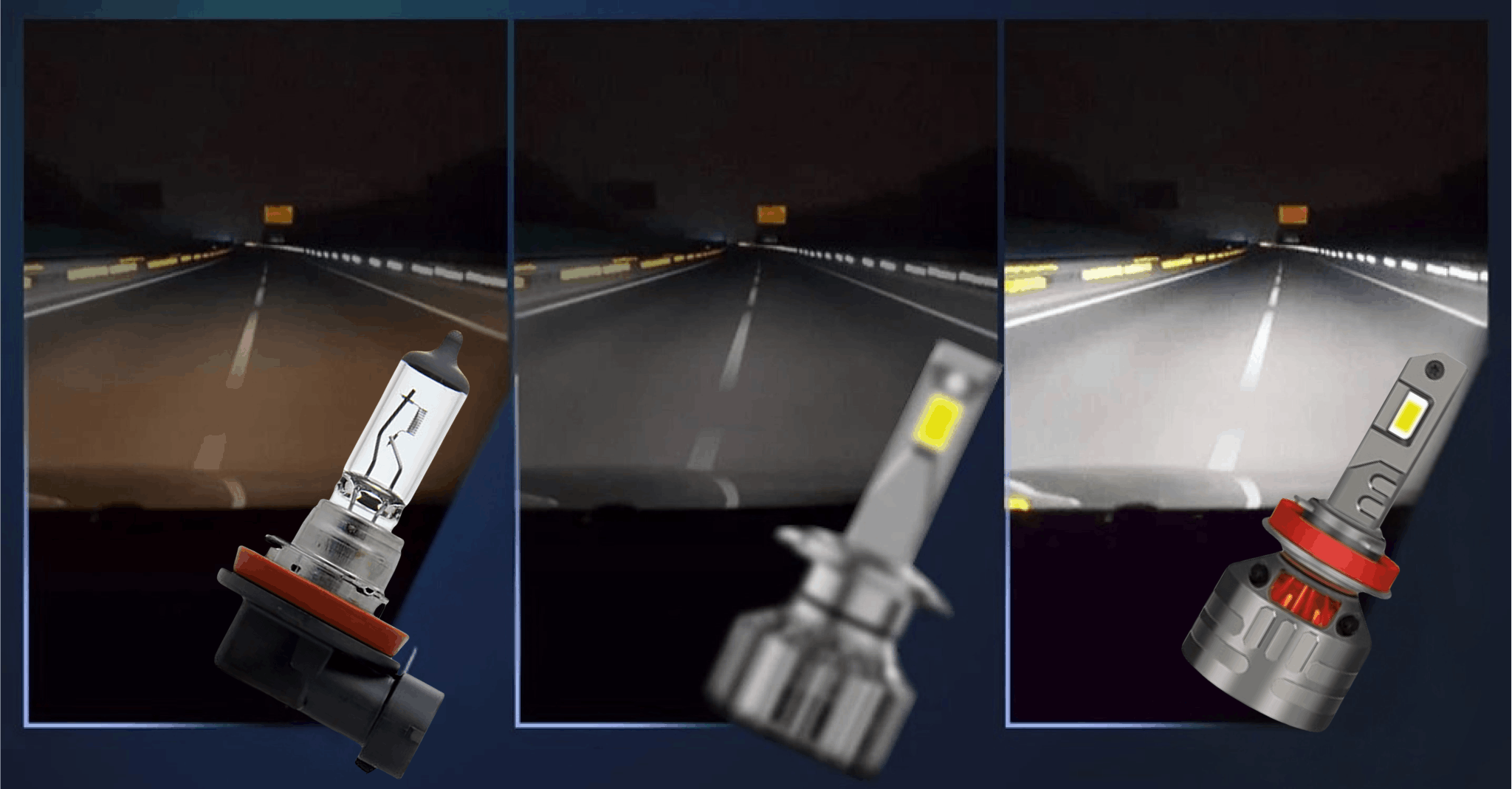 Żarówka LED H11 MAGALL KRONOS CANBUS 36000 lm porównanie halogen vs LED jazda nocą