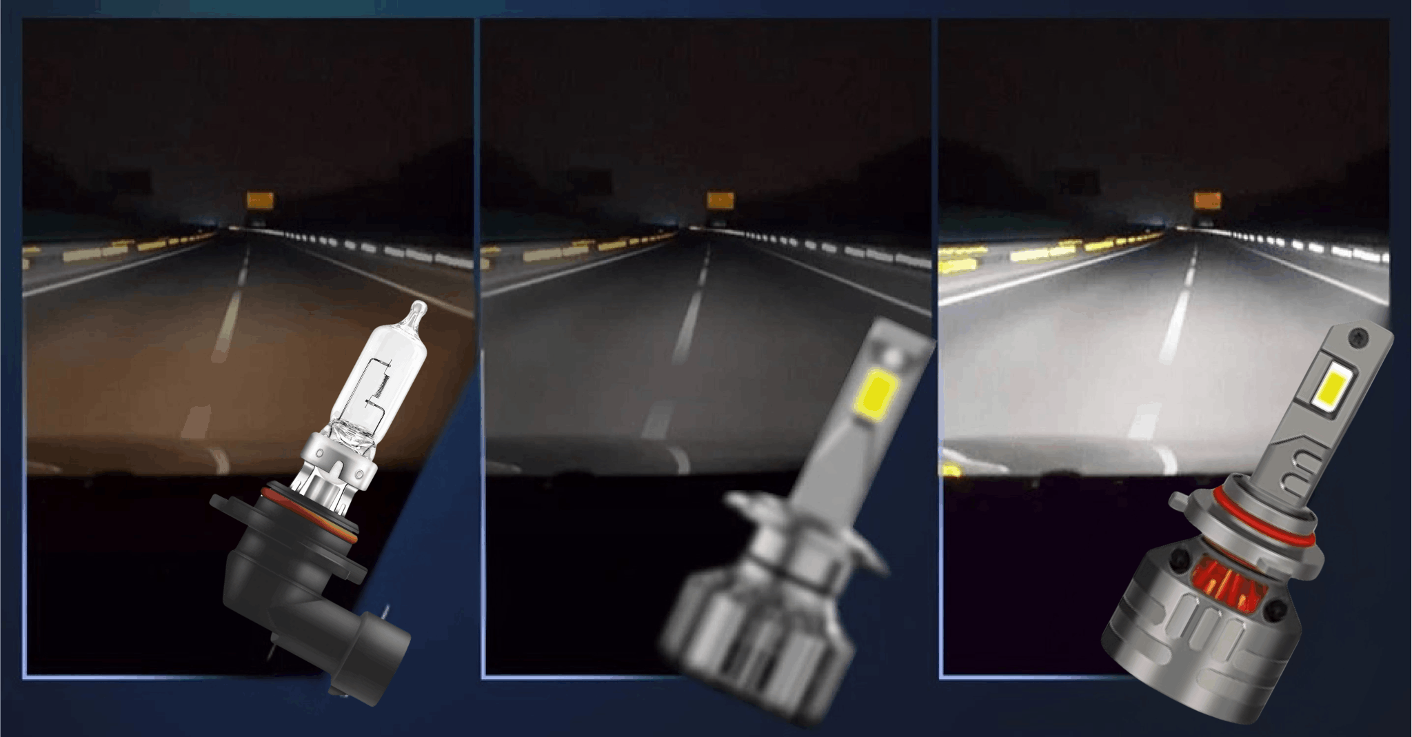 Żarówka LED HB3 MAGALL KRONOS CANBUS 36000 lm porównanie halogen vs LED jazda nocą
