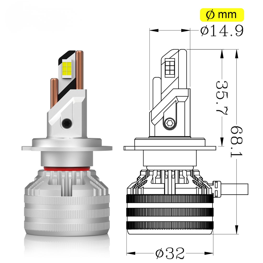 Żarówki H7 LED 24V MAGALL LONGLIFE TIR ciężarówka CANBUS wymiary techniczne rysunek