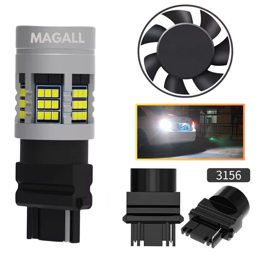 Żarówka LED P27W 3156 CANBUS MAGALL FAN-CAN przeznaczona jest do świateł dziennych DRL oraz cofania.