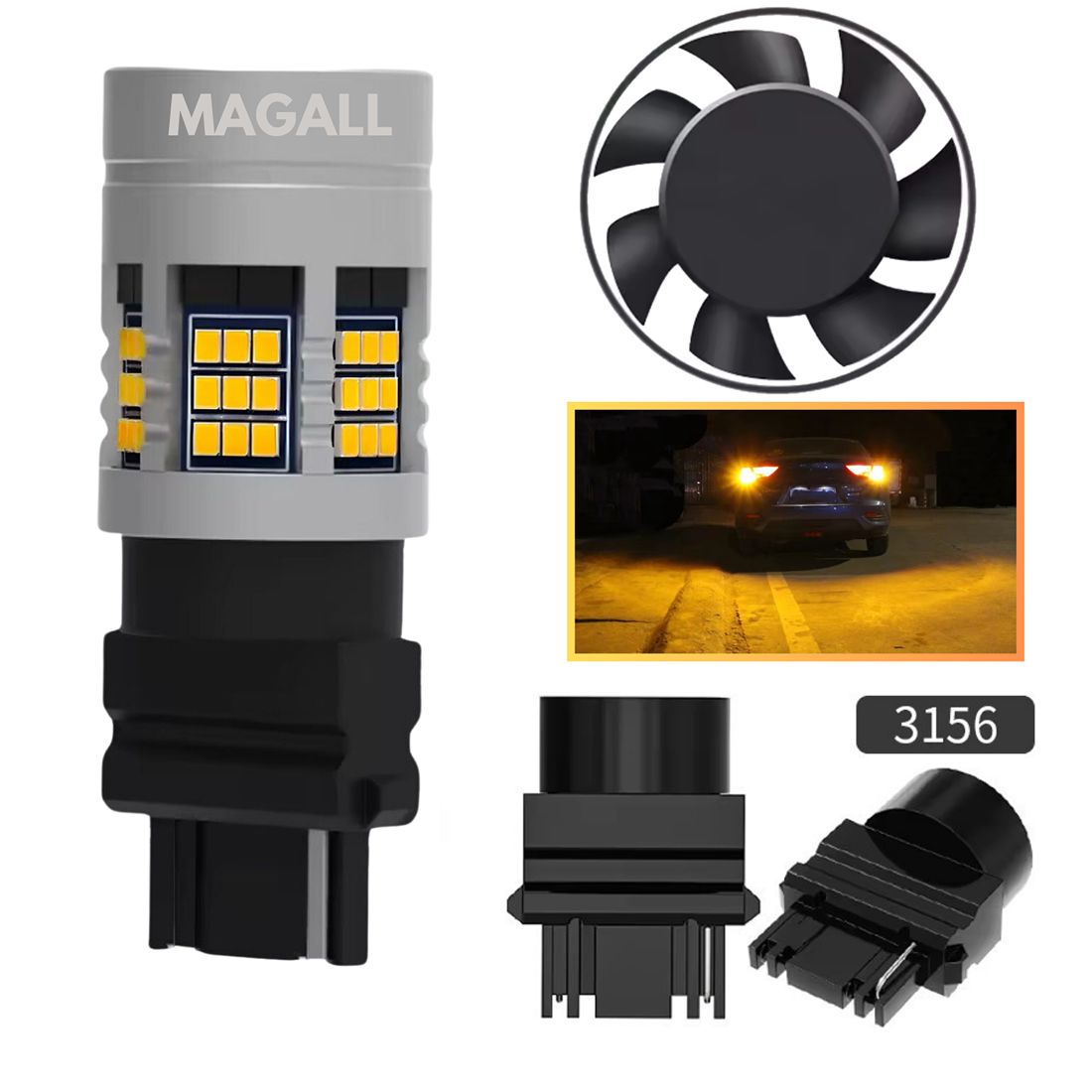 LED žárovka P27W 3156 MAGALL FAN-CAN oranžová CANBUS blinkr 12V – foto 1