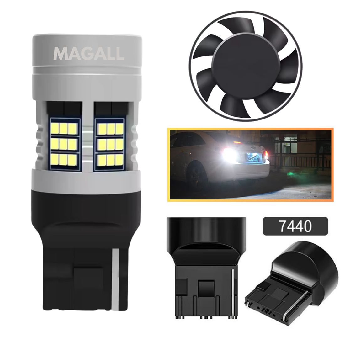 Żarówka LED W21W T20 7440 CANBUS MAGALL FAN-CAN przeznaczona jest do świateł dziennych DRL oraz cofania.