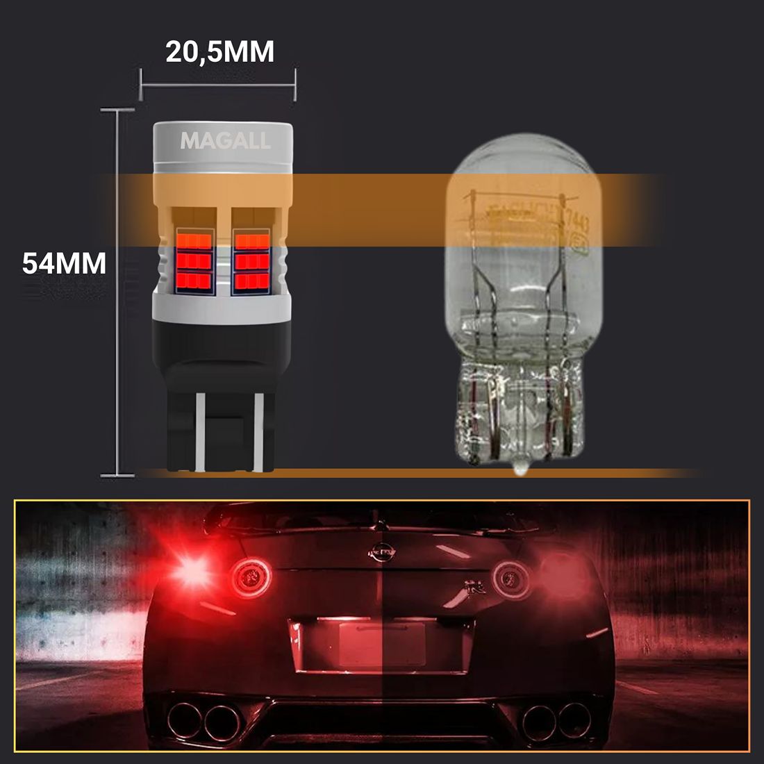 Żarówka LED W21/5W T20 7443 MAGALL FAN-CAN CANBUS przeznaczona jest do świateł STOP.