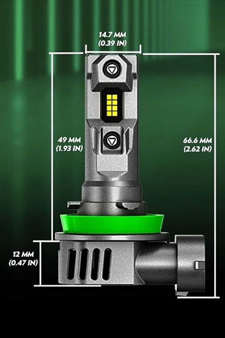 Żarówki H11 LED CANBUS FATEEYE 1 do 1 mocne białe światło 6500K wymiary techniczne rysunek
