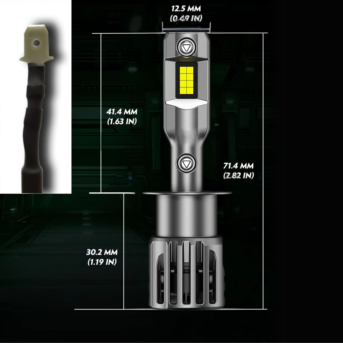 Żarówki H1 LED CANBUS FATEEYE 1 do 1 mocne białe światło 6500K wymiary techniczne rysunek