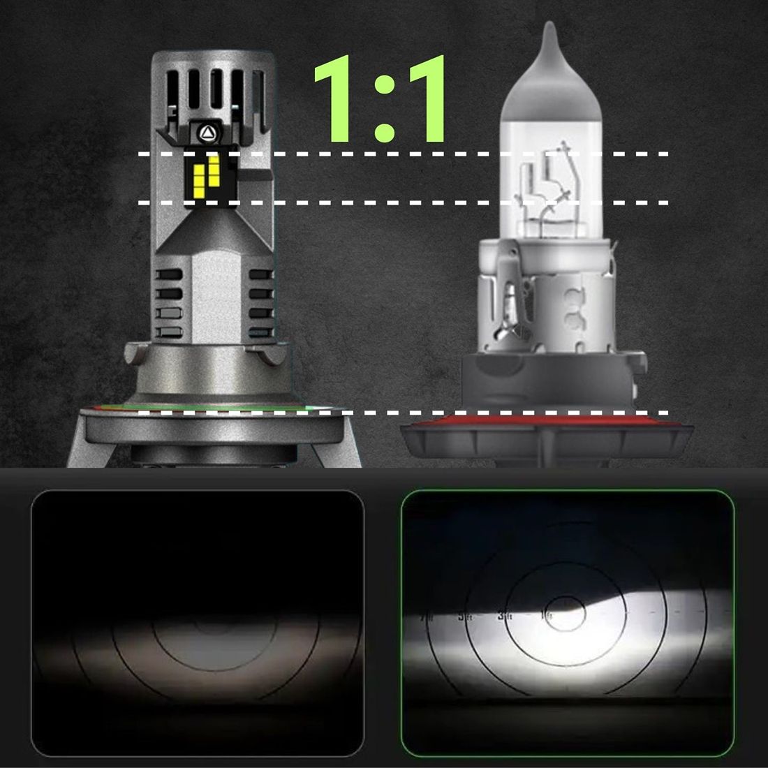 Żarówki H13 LED CANBUS FATEEYE 1 do 1 mocne białe światło 6500K porównanie halogen vs LED