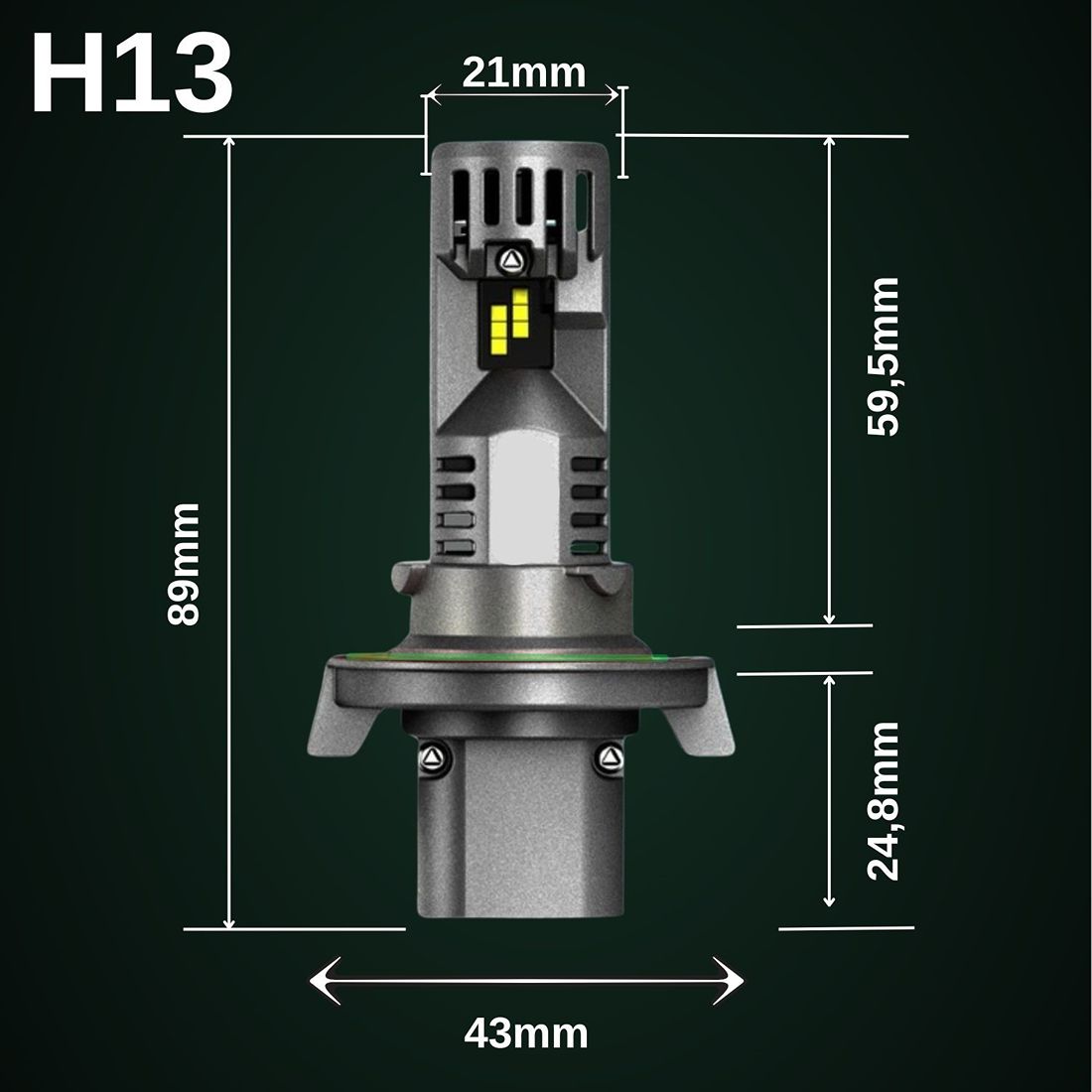Żarówki H13 LED CANBUS FATEEYE 1 do 1 mocne białe światło 6500K wymiary techniczne rysunek
