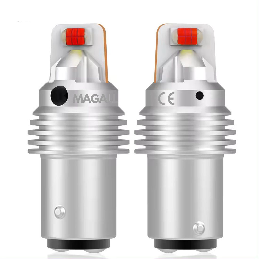 Czerwone żarówki LED MAGALL P21/4W BAZ15D 1157 zapewniają intensywne i wyraźne światło STOP o jasności 1600 lm.