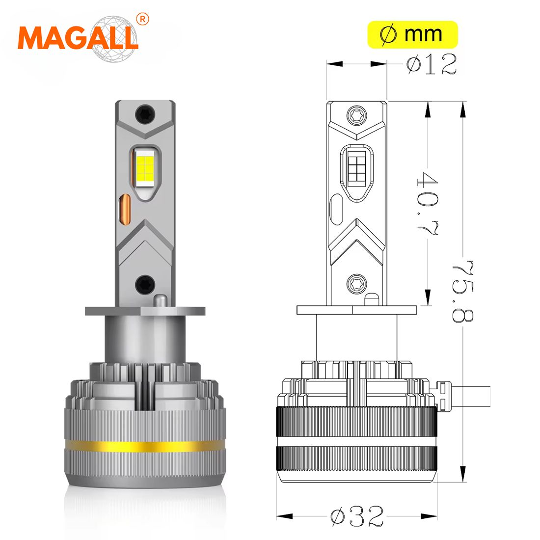 Żarówki HB3 LED CANBUS MAGALL LUCYFER bardzo mocne światło 48000 lm 200W wymiary techniczne rysunek