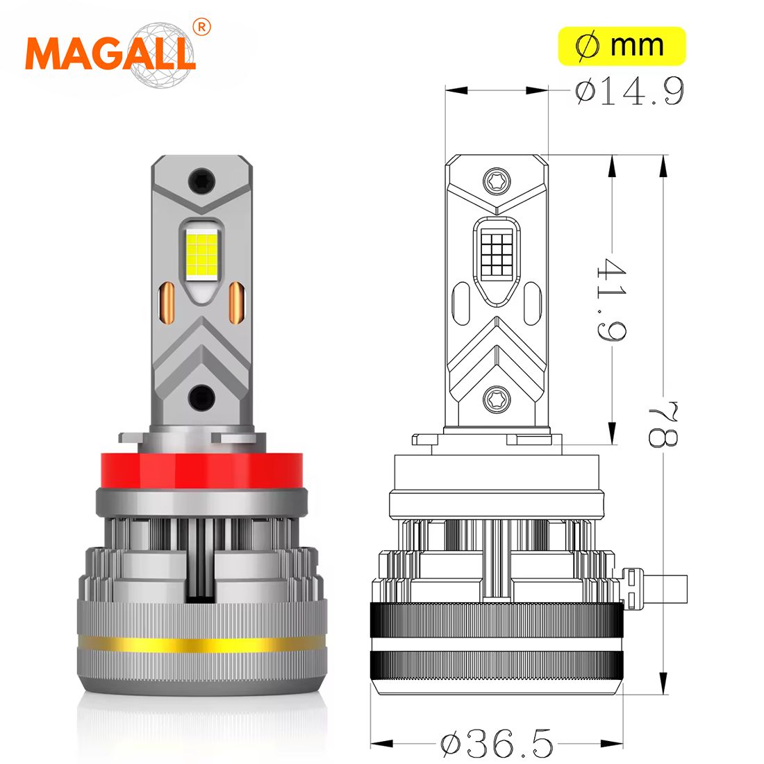 Żarówki H11 LED CANBUS MAGALL LUCYFER bardzo mocne światło 48000 lm 200W wymiary techniczne rysunek