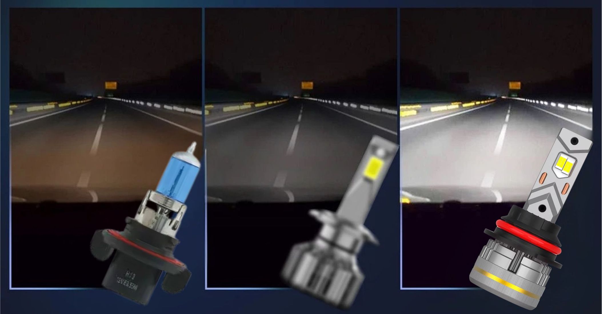 Żarówki H13 LED CANBUS MAGALL LUCYFER bardzo mocne światło 48000 lm 200W porównanie halogen vs LED