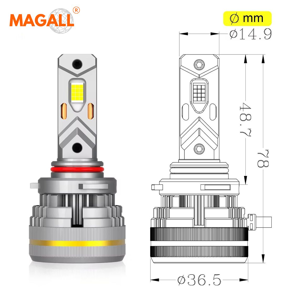 Żarówki HB3 LED CANBUS MAGALL LUCYFER bardzo mocne światło 48000 lm 200W wymiary techniczne rysunek