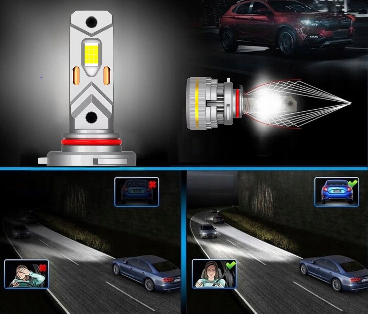 Żarówki HB3 LED CANBUS MAGALL LUCYFER bardzo mocne światło 48000 lm 200W test świecenia nocą