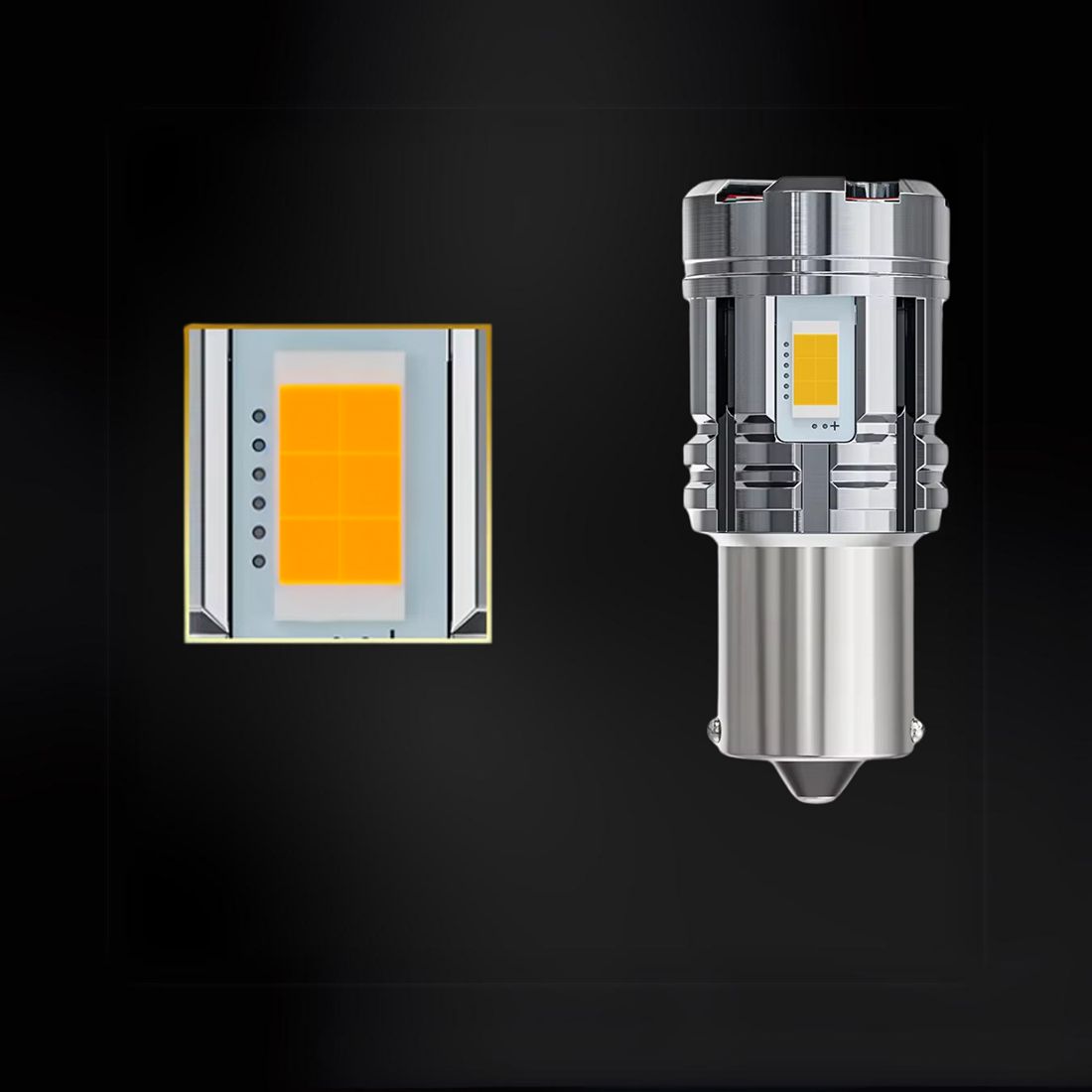 Żarówka LED P21W BA15S 1156 pomarańczowa zapewnia silne i czytelne światło kierunkowskazu.