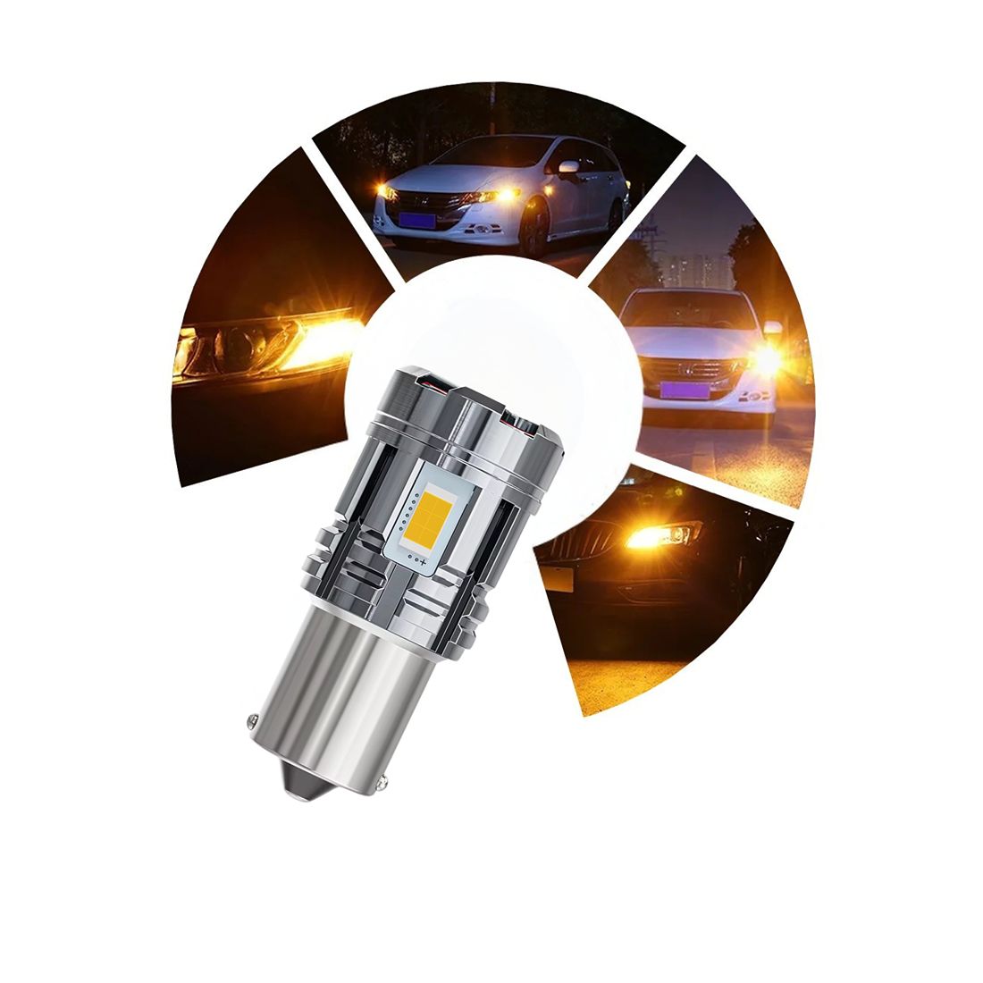 Żarówka LED P21W 1156 BA15S pomarańczowa generuje mocne światło kierunkowskazu i posiada aktywne chłodzenie.