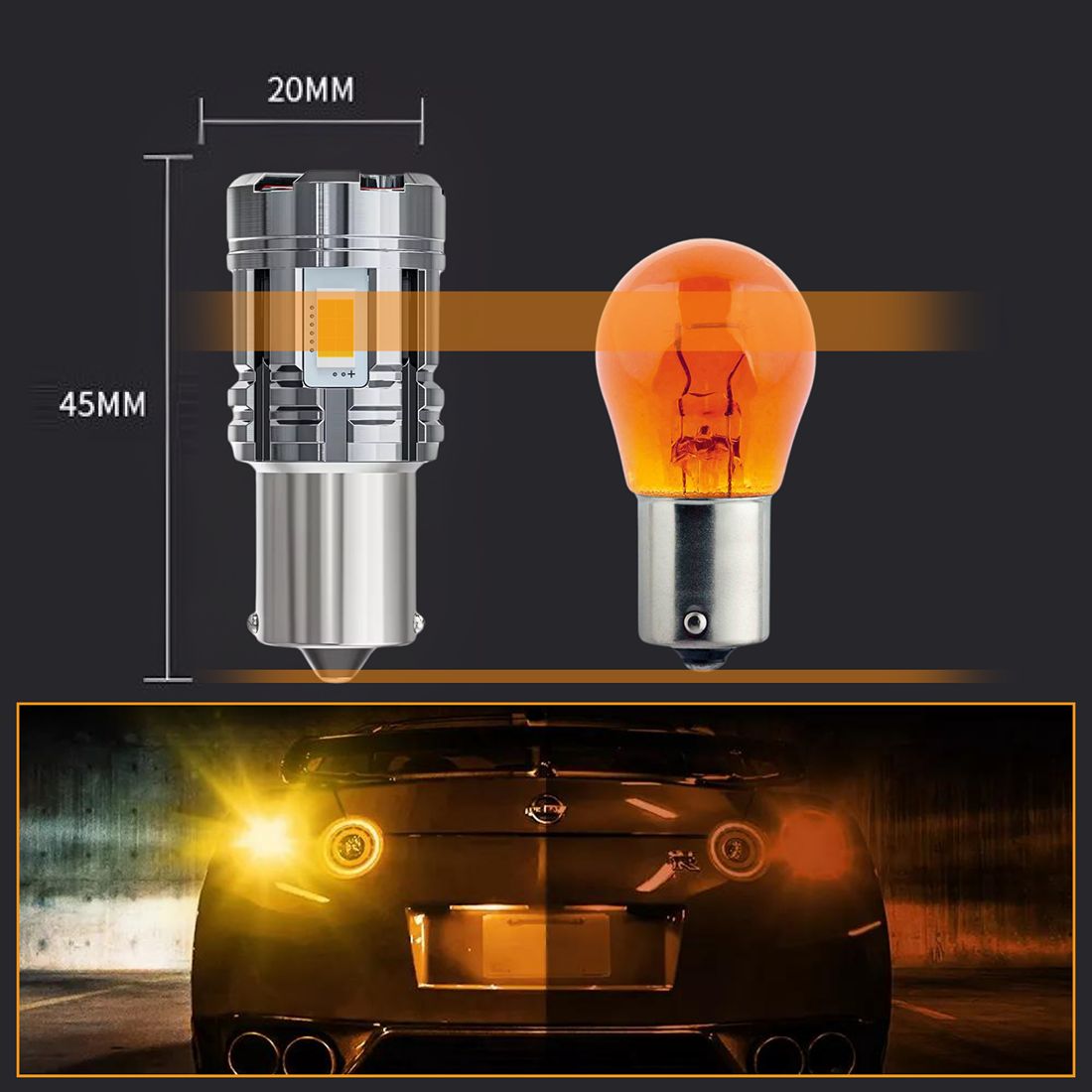 Żarówka LED P21W 1156 BA15S pomarańczowa generuje mocne światło kierunkowskazu i posiada aktywne chłodzenie.