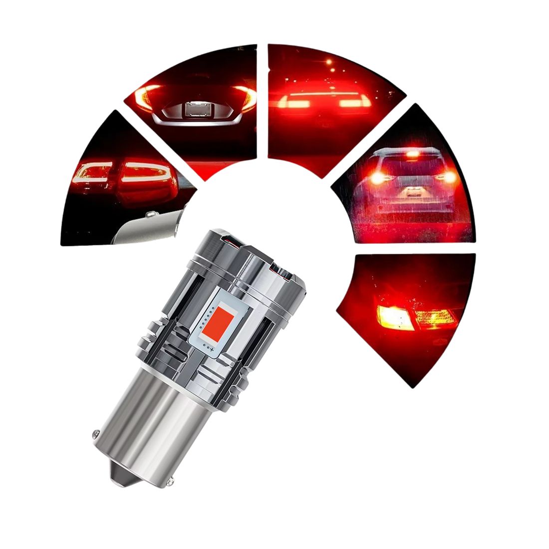 Żarówka LED P21W 1156 BA15S czerwona generuje bardzo mocne światło STOP i posiada aktywne chłodzenie.