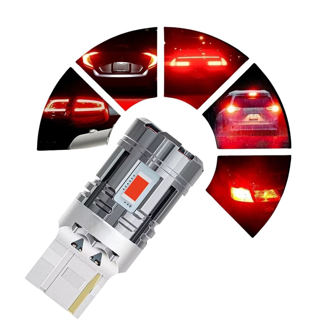 Żarówka LED W21W T20 7440 czerwona generuje bardzo mocne światło STOP i posiada aktywne chłodzenie.