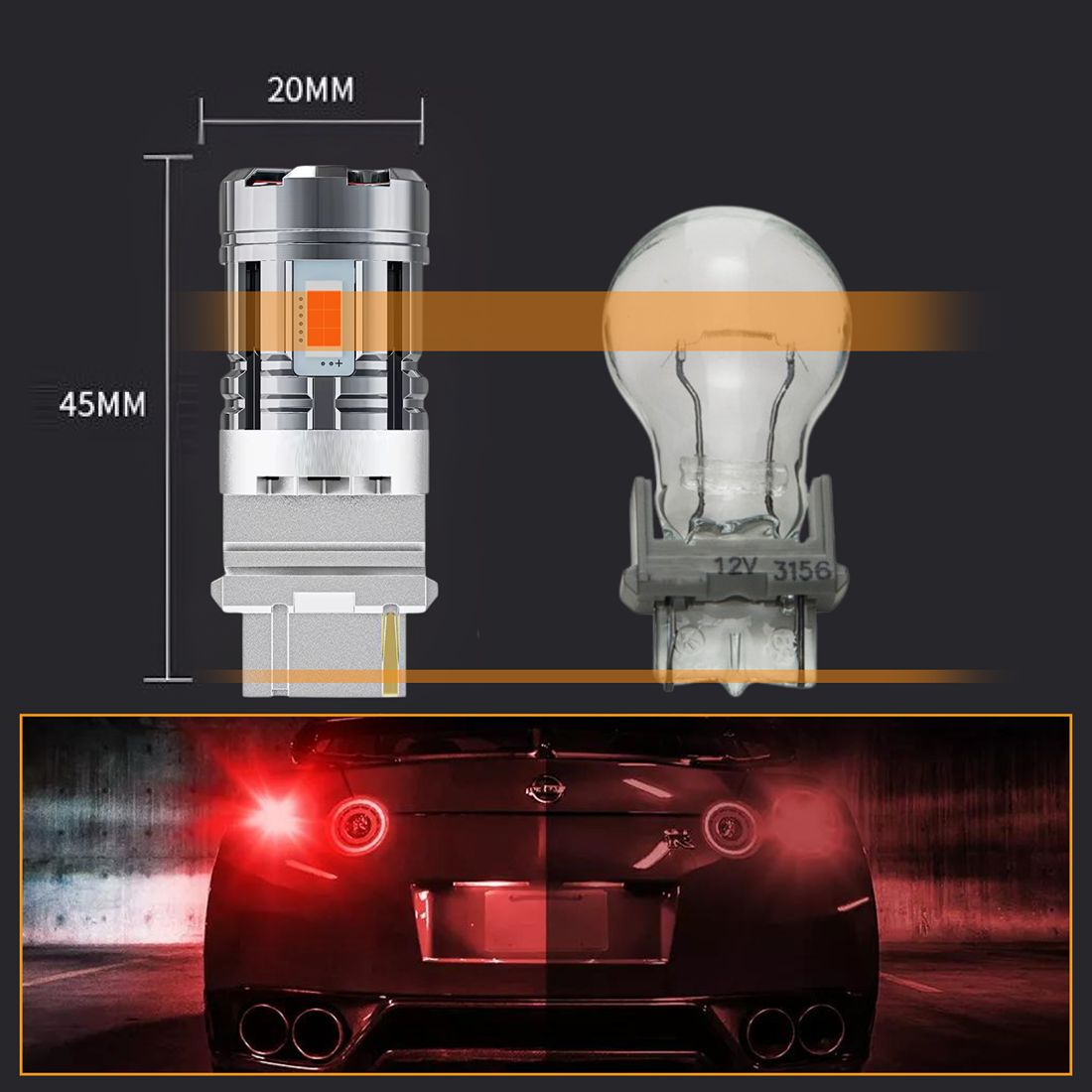 Czerwone żarówki LED P27W 3156 CANBUS zapewniają intensywne i wyraźne światło STOP o mocy 2600 lm.