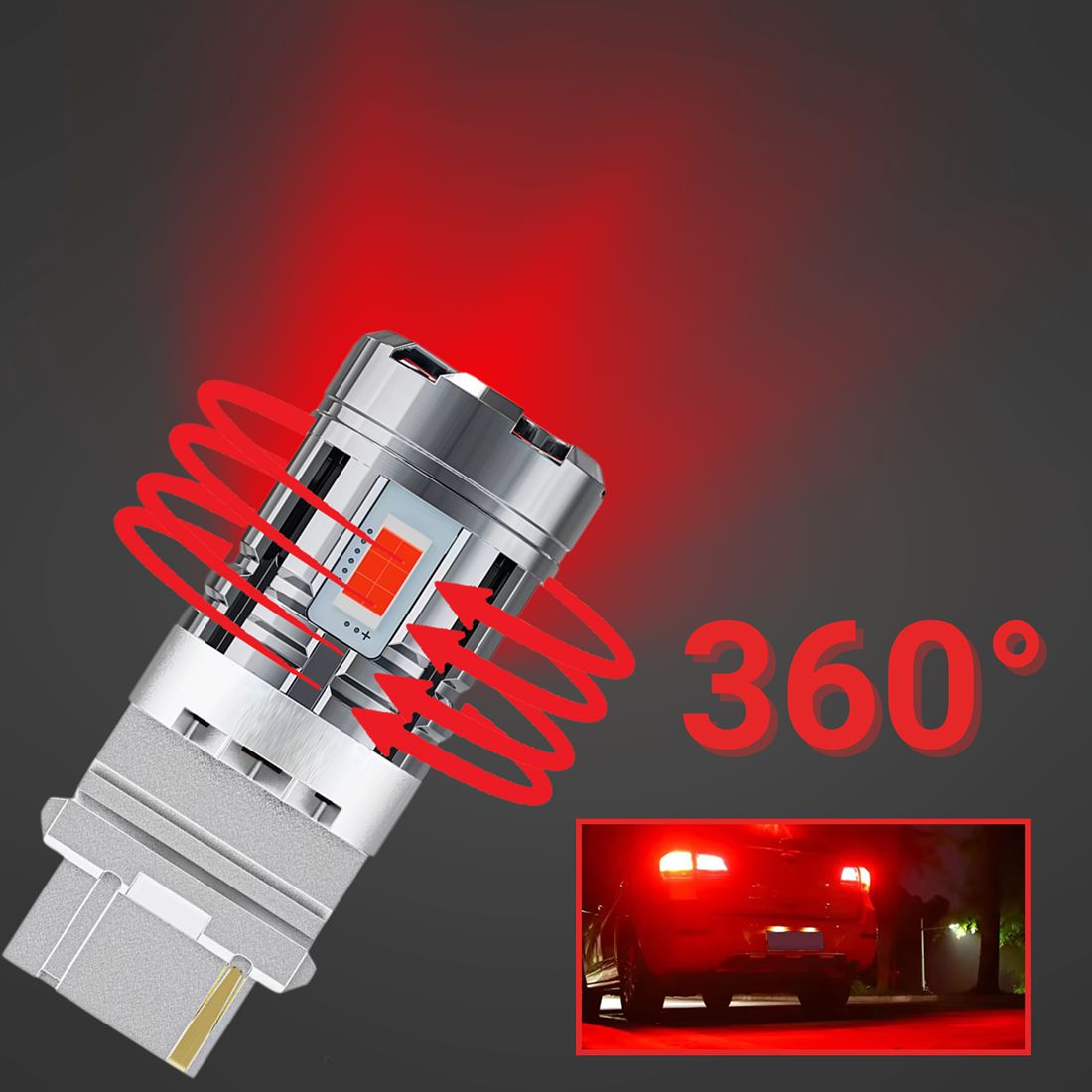 Bardzo mocne żarówki LED P27W 3156 czerwone emitują intensywne światło STOP 2600 lm z aktywnym chłodzeniem.